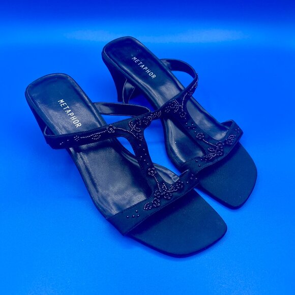 METAPHOR Black Heeled Sandals with Floral Beading Leather Sole Women's Size 9.5 - Picture 1 of 9